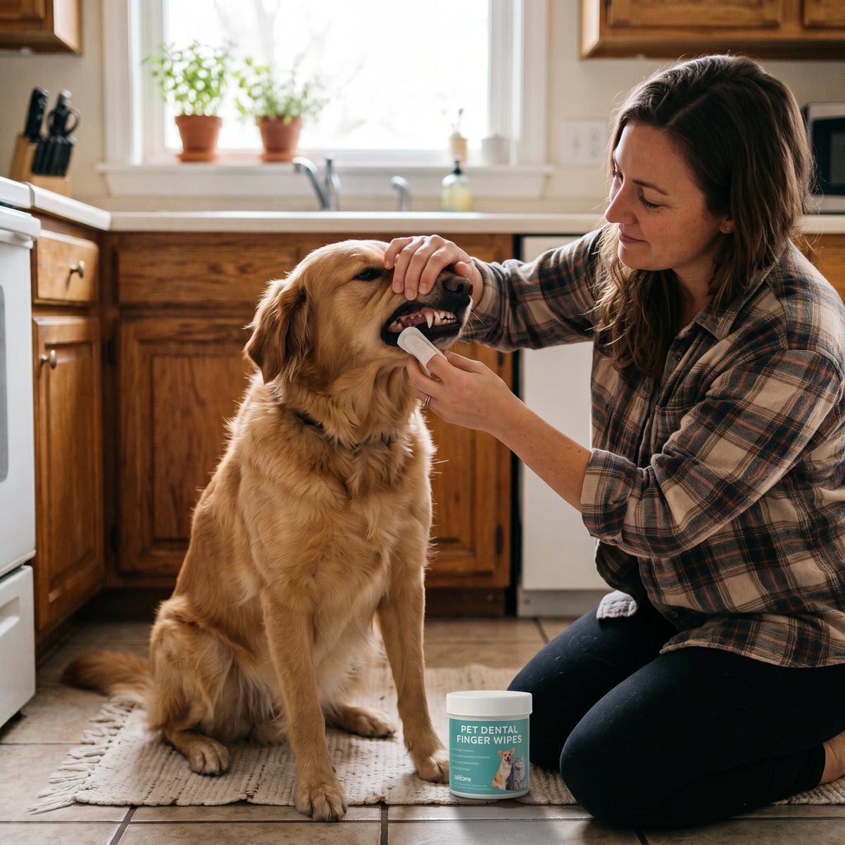 A dog owner using a Canis Health dental wipe as part of an evening routine